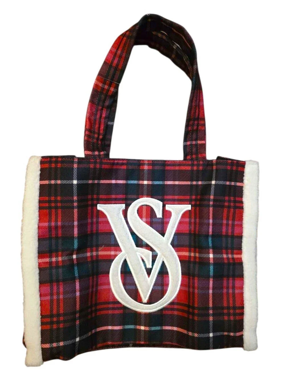 Victoria's Secret Plaid Tote Bag with Faux Fur Trim and Snap Closure